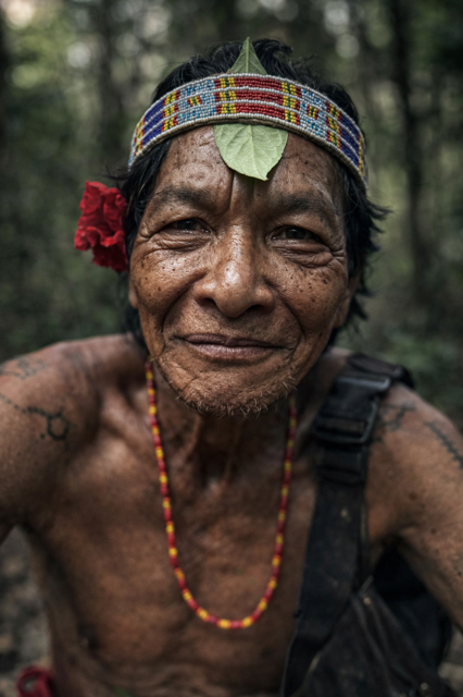 Portrait d'un ancien d'une tribu d'Amazonie, regard intense